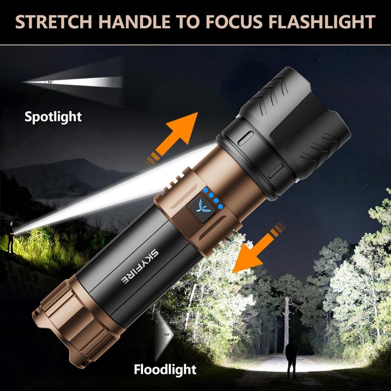 SkyFire مصابيح فلاش قابلة للشحن عالية اللمعان مع عدسة إشعال، 3000 لومن مصباح فلاش فائق السطوع، 7500 مللي أمبير، قابل للتكبير، مصباح تكتيكي مقاوم للماء لأساسيات التخييم في الهواء الطلق والهدايا - مُحسّن - Image 3